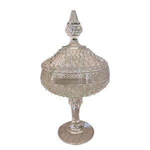 Vintage Indiana Glass Kings Crown Diamond Point Pedestal Apothecary Candy Dish